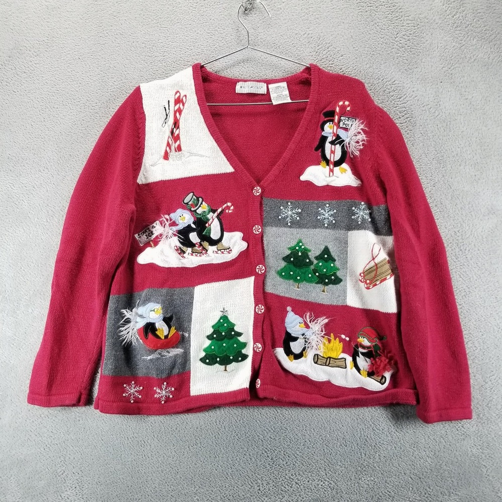 White Stag Sweater Womens‎ XL Red Penguin Christmas Cardigan Holiday Storybook